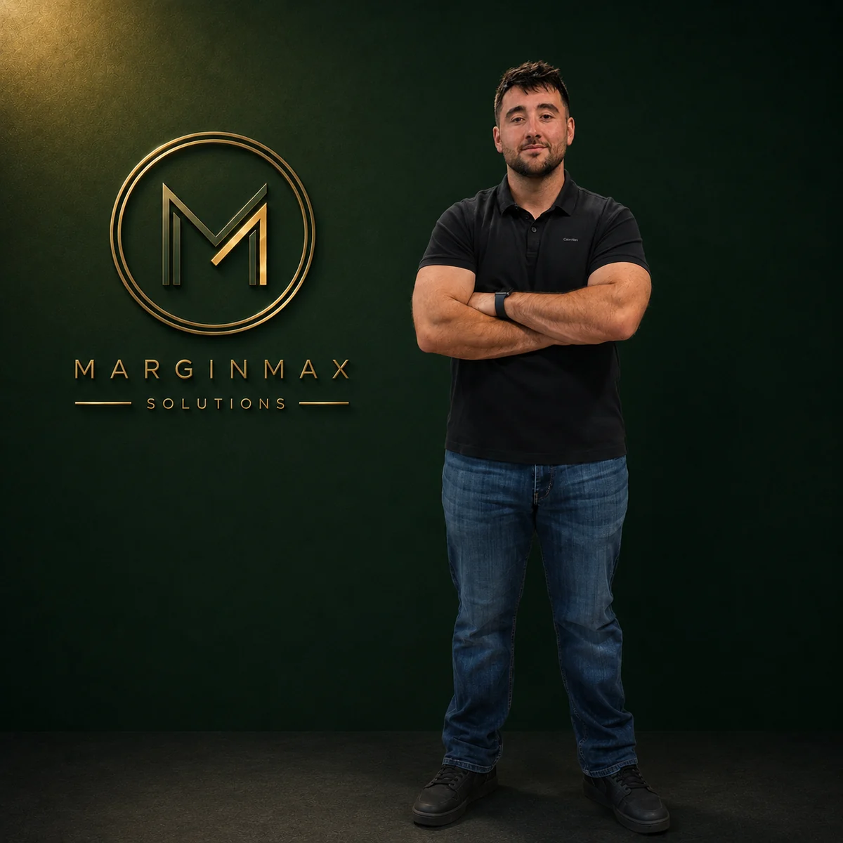 Don, founder of MarginMax Solutions, standing in front of the MarginMax logo wall